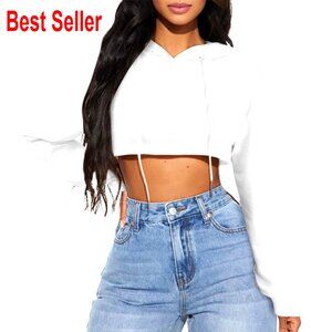 Cropped Hoodie Women's Pullover Sweatshirt Long Sleeve Loose Fit